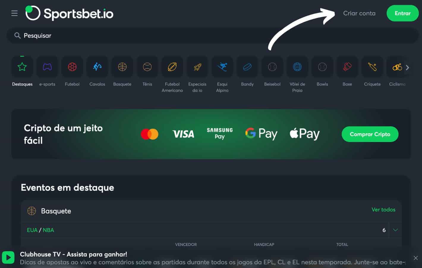 clique no botão criar conta Sportsbet io Brasil